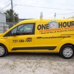 Yellow One Hour Air Conditioning and Heating service van in Largo, FL with cut vinyl lettering, phone number, website and license number on the side panel, by DVC Signs.