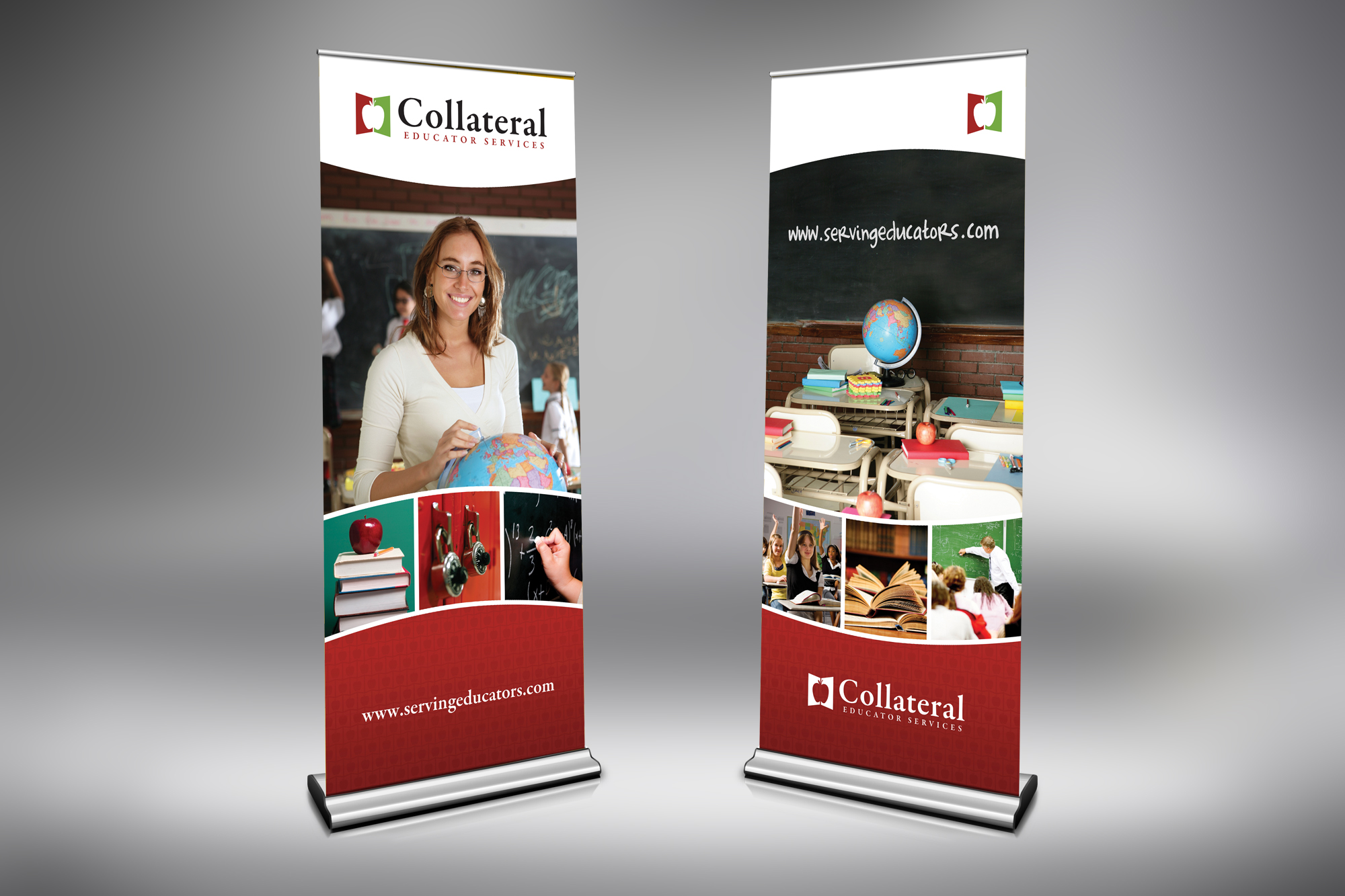 Two retractable trade show banner stands built by DVC Signs for Collateral Educator Services.